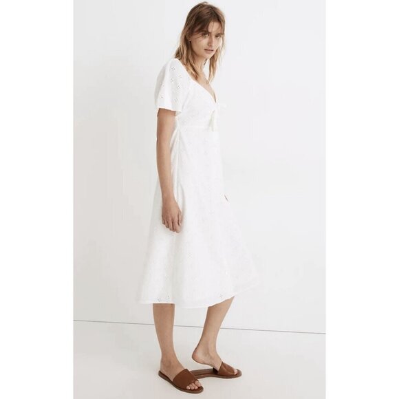 Madewell White Cotton Eyelet Embroidery Tie Front Keyhole A-line Midi Dress 2 - Picture 3 of 15